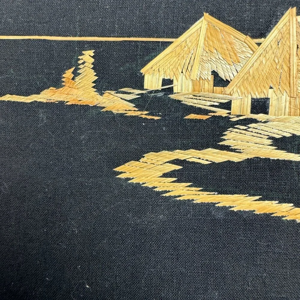Vintage Wall Art Asian Scene Straw on Black Velvet Handmade
